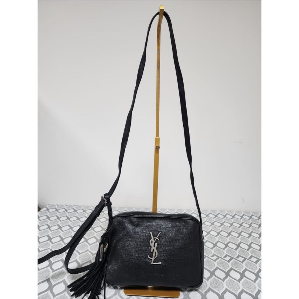 Authentic YVES SAINT LAURENT Lou Camera Raffia Canvas Crossbody Bag Black